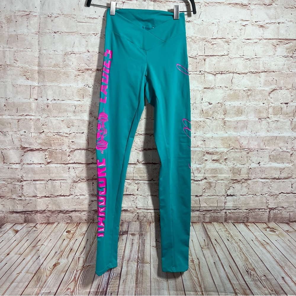 Labellamafia teal hot pink script criss cross waist leggings size small